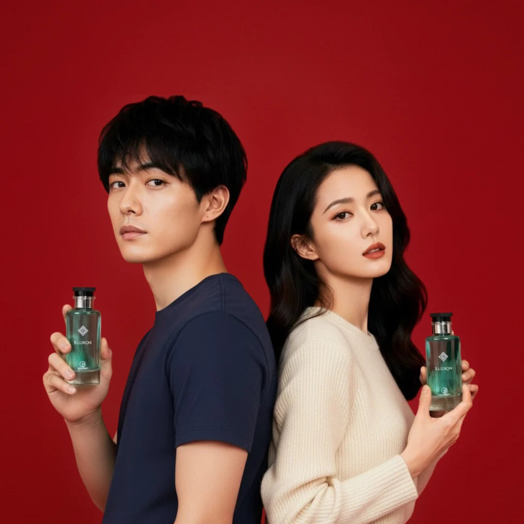 Oudelier | Unisex perfume collection — a man and a woman standing together, each holding a perfume bottle, against a refined red background.