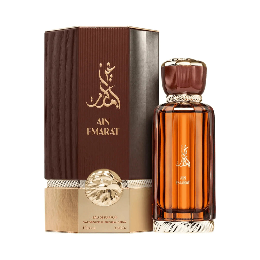 Al Wataniah Ain Emarat オードパルファム 100ml/3.4fl.oz. - 琥珀色のボトルとマッチングボックス、ゴールドのディテール、豪華なパッケージング - ボトルとボックス