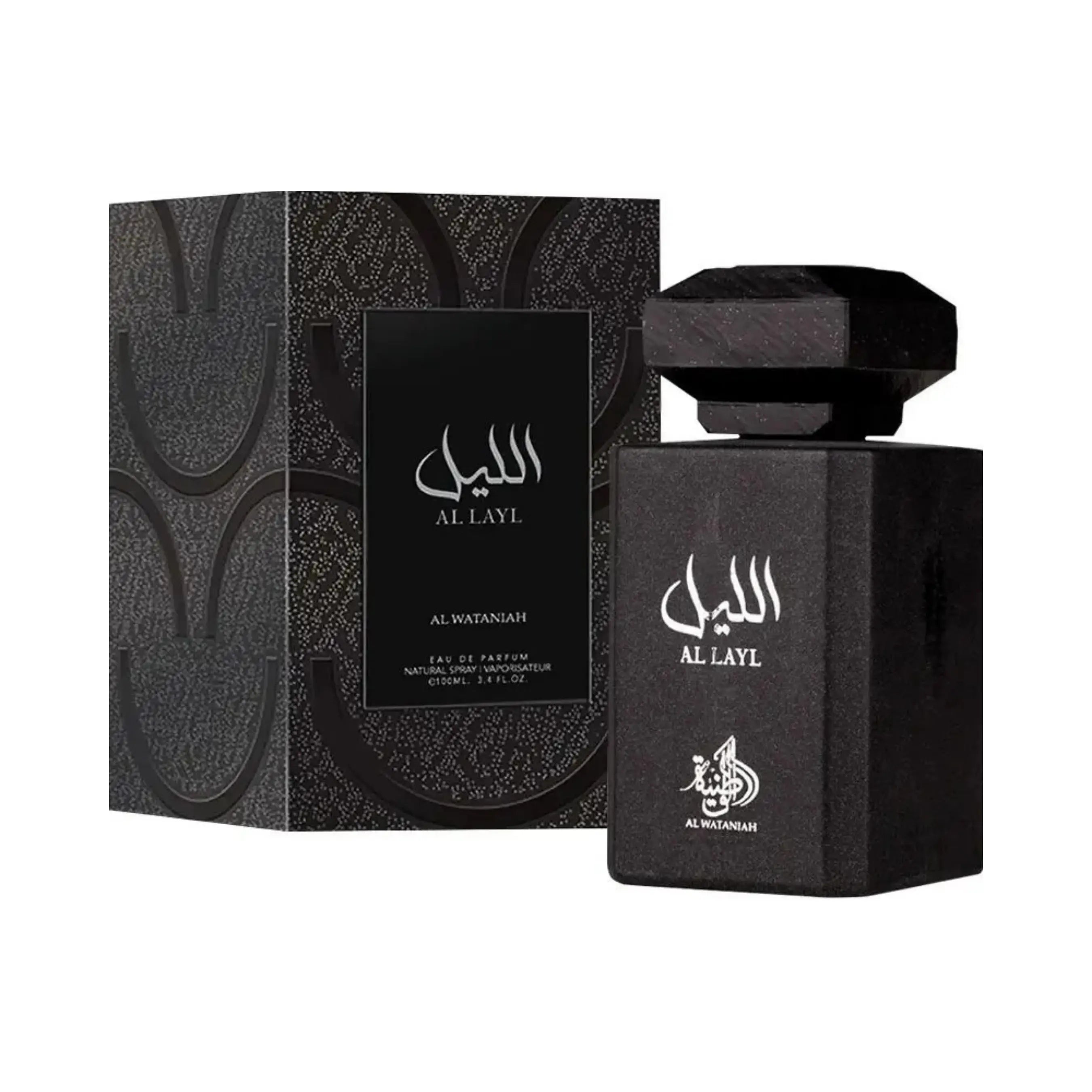 Al Wataniah Al Layl オードパルファム 100ml/3.4fl.oz. - 黒色のボトルとマッチングボックス、豪華なパッケージング - ボトルとボックス