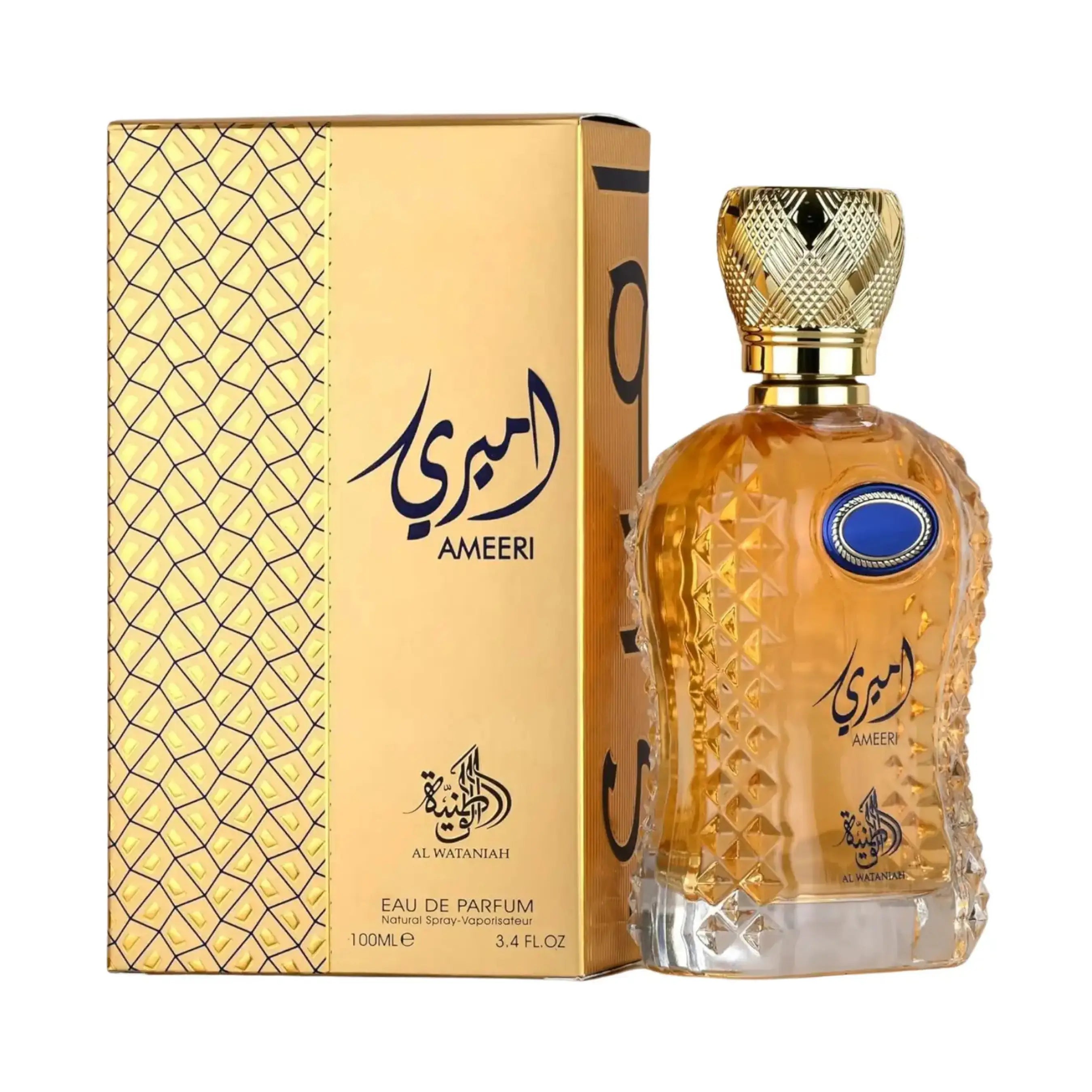 Al Wataniah Ameeri オードパルファム 100ml/3.4fl.oz. - 黄色のボトルとマッチングボックス、豪華なパッケージング - ボトルとボックス