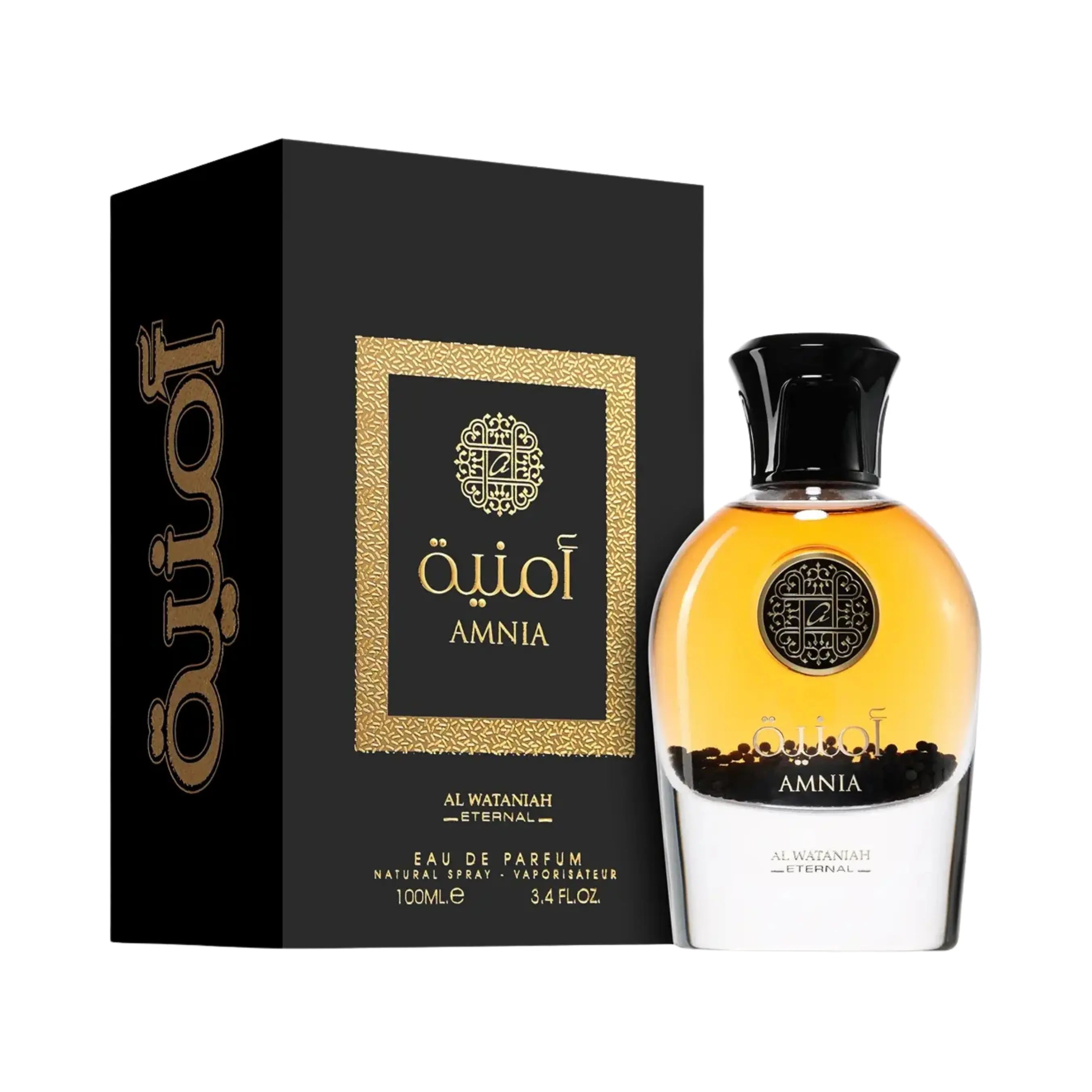 Al Wataniah Amnia オードパルファム 100ml/3.4fl.oz. - 黄色と白色のボトルとマッチングボックス、豪華なパッケージング - ボトルとボックス
