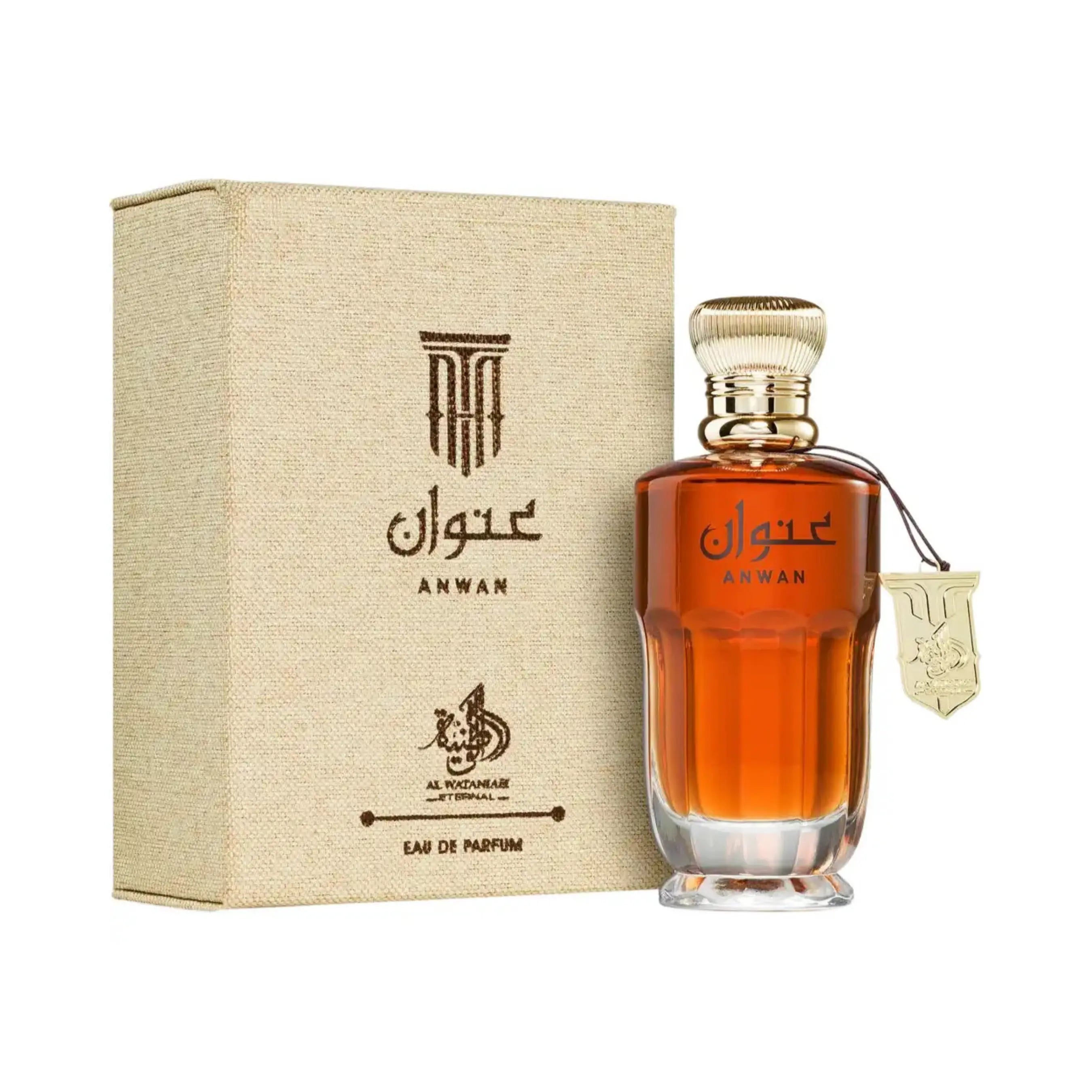 Al Wataniah Anwan オードパルファム 100ml/3.4fl.oz. - 琥珀色のボトルとマッチングボックス、豪華なパッケージング - ボトルとボックス