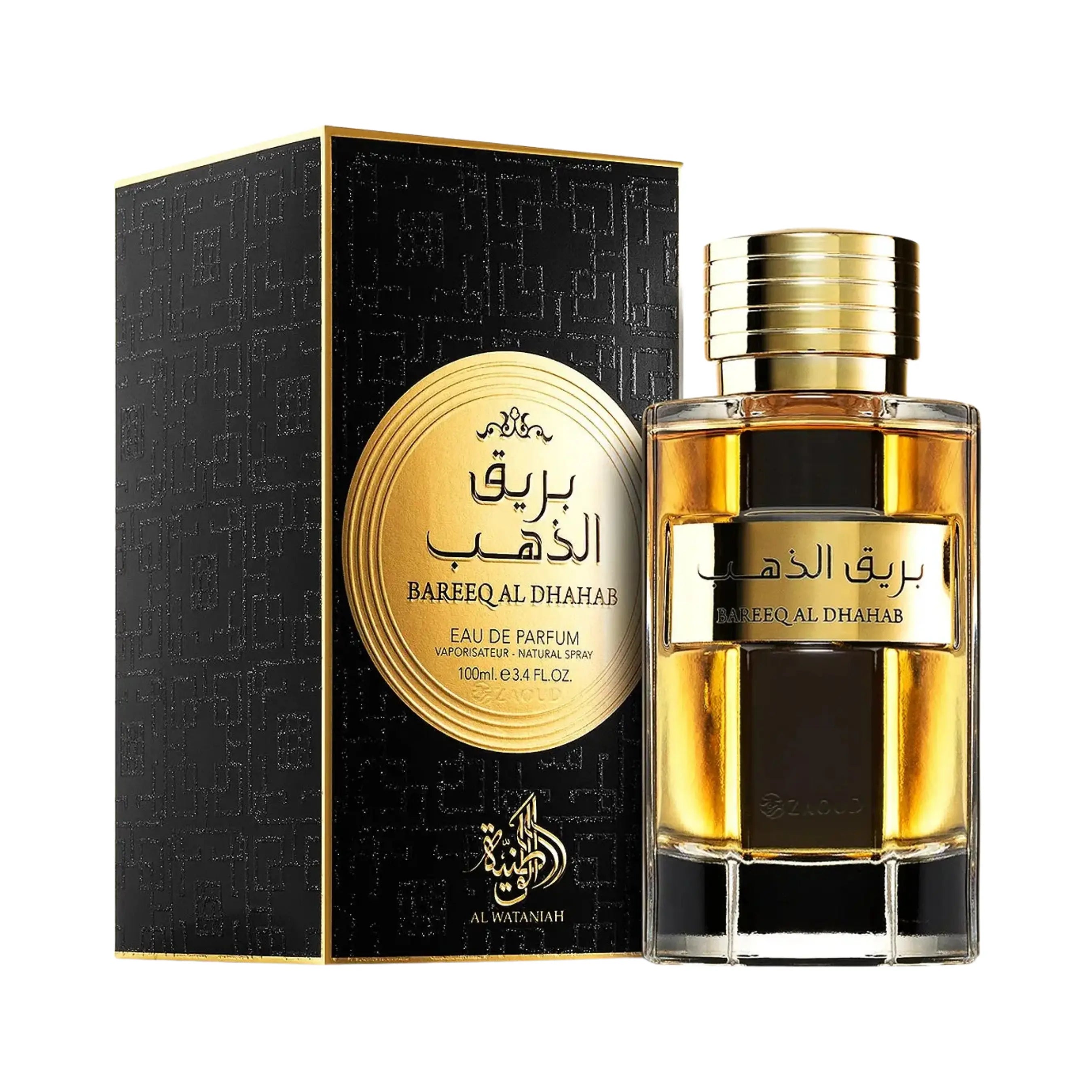Al Wataniah Bareeq Al Dhahab オードパルファム 100ml/3.4fl.oz. - 香水ボトルと豪華なパッケージボックス、ロゴ入り - ボトルとボックス