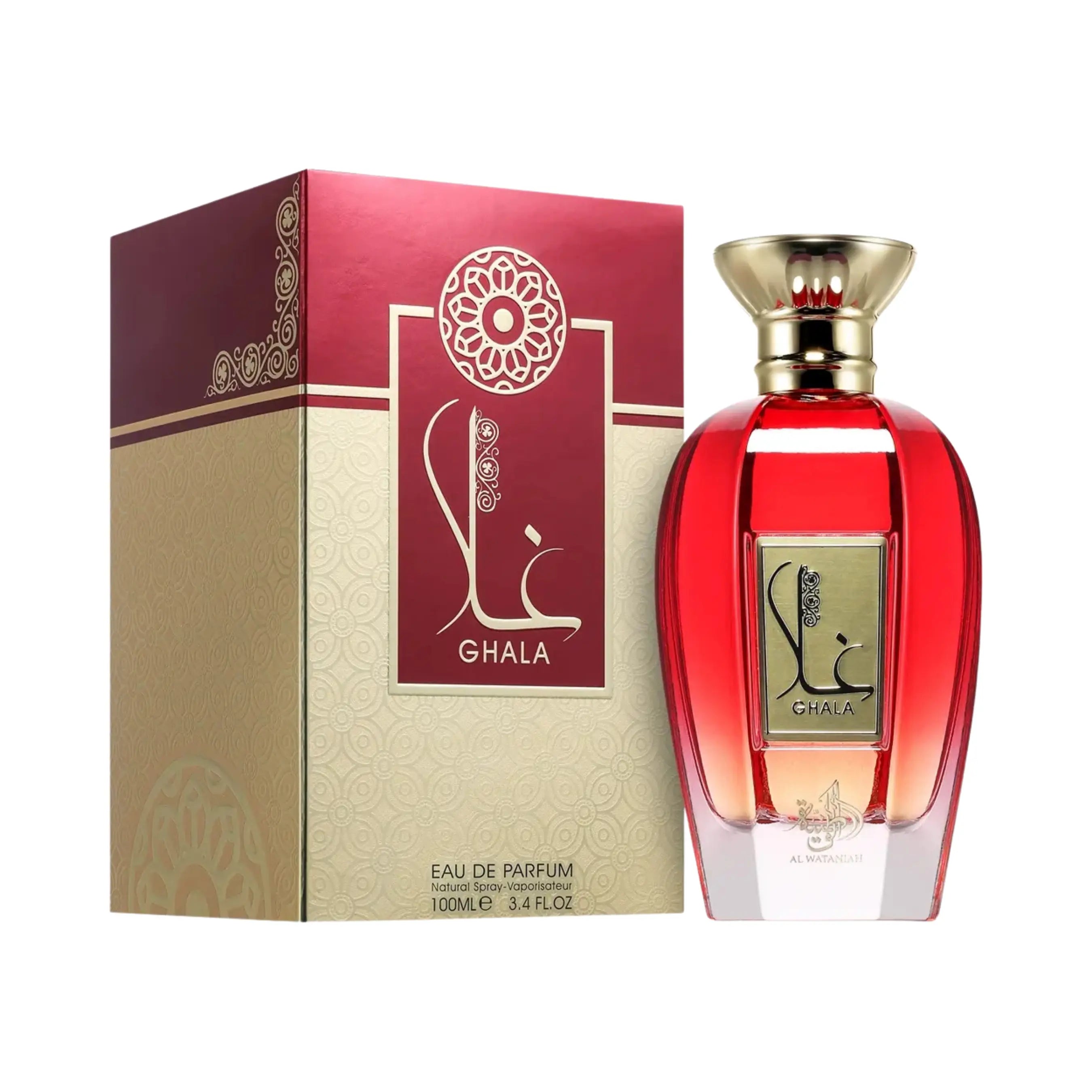 Al Wataniah Ghala オードパルファム 100ml/3.4fl.oz. - 香水ボトルと豪華なパッケージボックス、ロゴ入り - ボトルとボックス