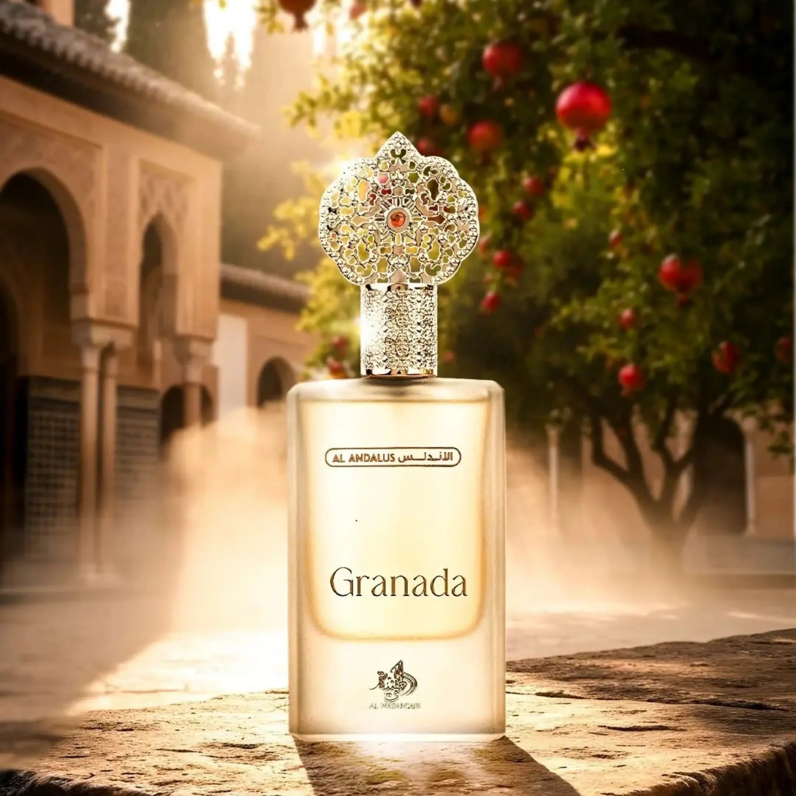 Al Wataniah Granada オードパルファム 100ml/3.4fl.oz. - シネマティック撮影、豪華な照明と背景、プロダクト撮影 - シネマティック撮影