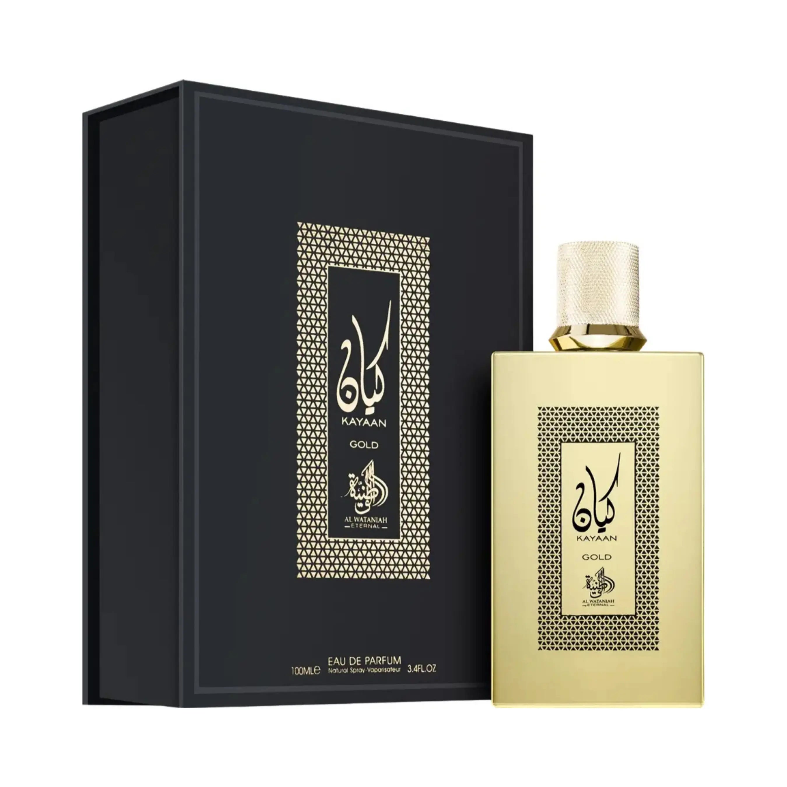 Al Wataniah Kayaan Gold オードパルファム 100ml/3.4fl.oz. - 香水ボトルと豪華なパッケージボックス、ロゴ入り - ボトルとボックス