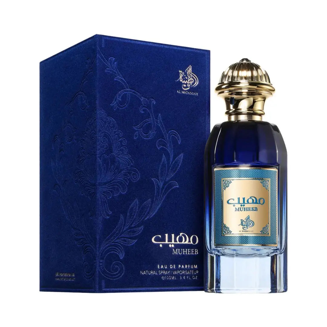 Al Wataniah Muheeb オードパルファム 100ml/3.4fl.oz. - 香水ボトルと豪華なパッケージボックス、ロゴ入り - ボトルとボックス