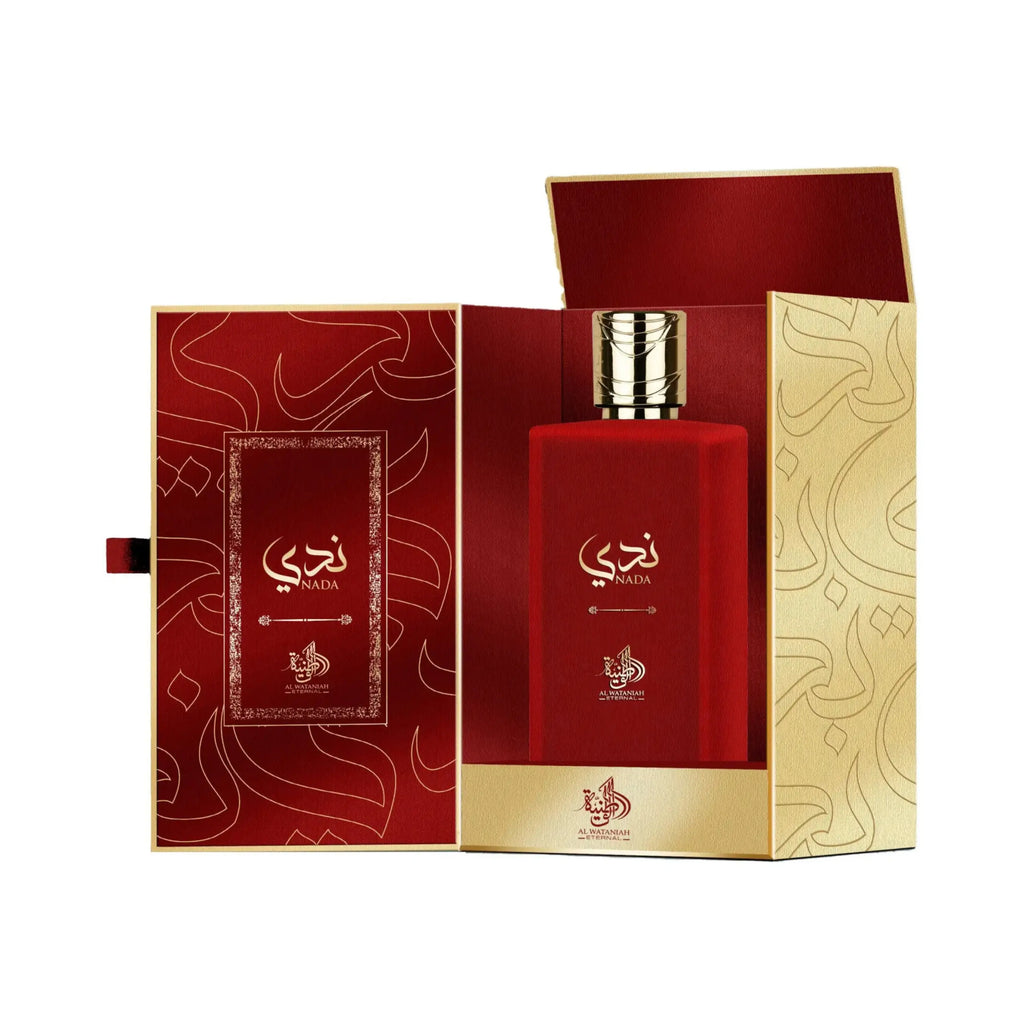 Al Wataniah Nada オードパルファム 100ml/3.4fl.oz. - 開いた豪華なパッケージボックスと香水ボトル、ロゴ入り - ボトルとボックス