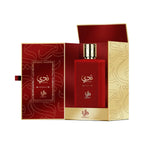 Al Wataniah Nada オードパルファム 100ml/3.4fl.oz. - 開いた豪華なパッケージボックスと香水ボトル、ロゴ入り - ボトルとボックス