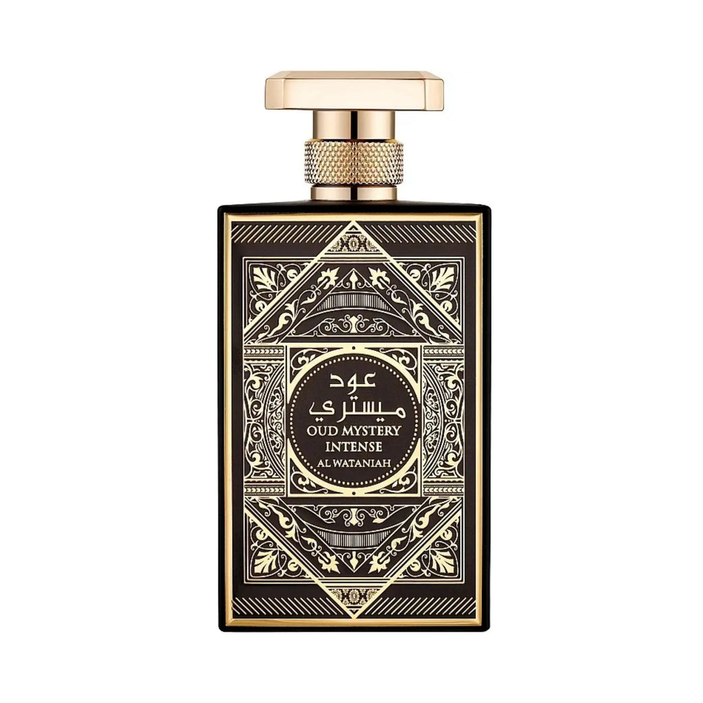 Al Wataniah Oud Mystery Intense オードパルファム 100ml/3.4fl.oz. - 高級アラビア香水のボトル、エレガントなデザイン、白い背景 - ボトルのみ