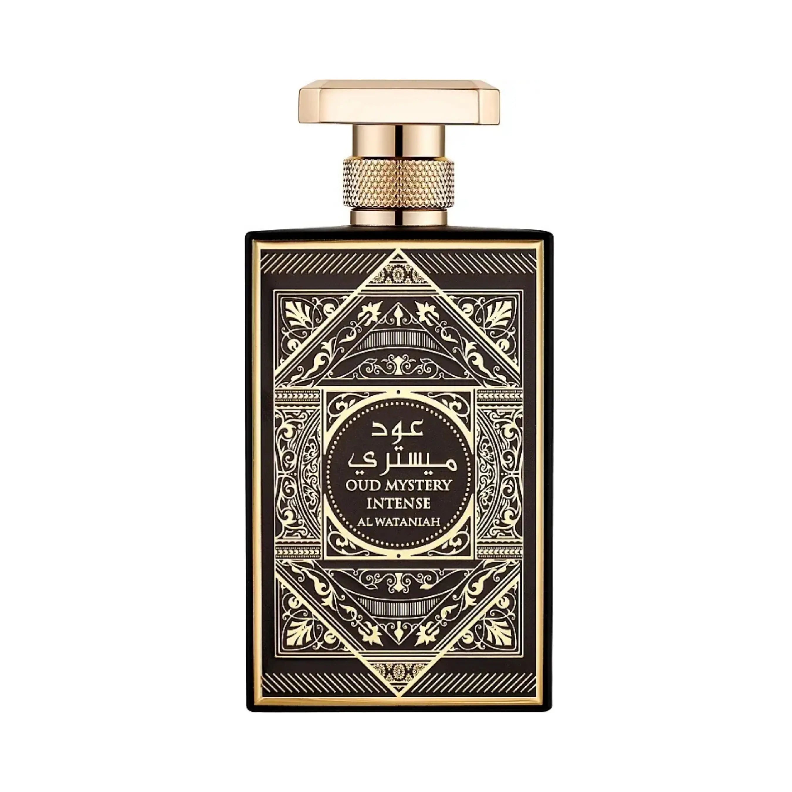 Al Wataniah Oud Mystery Intense オードパルファム 100ml/3.4fl.oz. - 高級アラビア香水のボトル、エレガントなデザイン、白い背景 - ボトルのみ