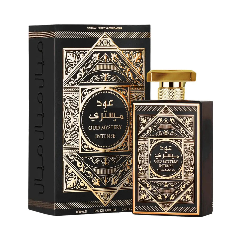 Al Wataniah Oud Mystery Intense オードパルファム 100ml/3.4fl.oz. - 香水ボトルと豪華なパッケージボックス、ロゴ入り - ボトルとボックス