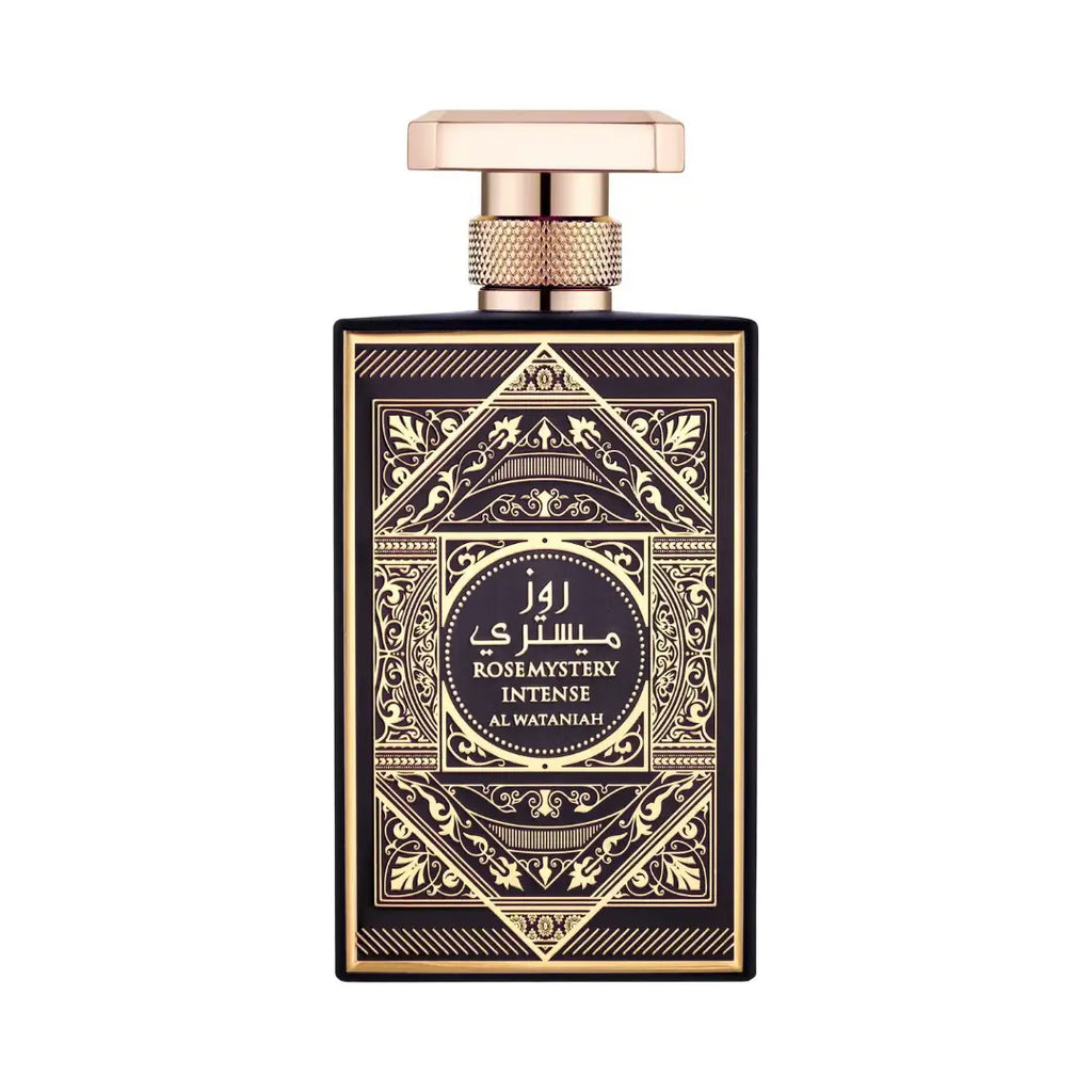 Al Wataniah Rose Mystery Intense オードパルファム 100ml/3.4fl.oz. - 高級アラビア香水のボトル、エレガントなデザイン、白い背景 - ボトルのみ