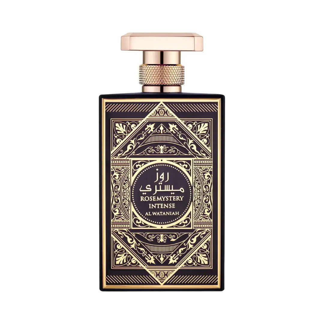 Al Wataniah Rose Mystery Intense オードパルファム 100ml/3.4fl.oz. - 高級アラビア香水のボトル、エレガントなデザイン、白い背景 - ボトルのみ