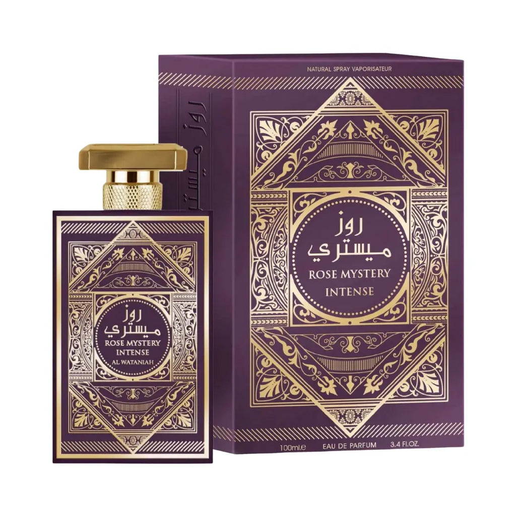 Al Wataniah Rose Mystery Intense オードパルファム 100ml/3.4fl.oz. - 香水ボトルと豪華なパッケージボックス、ロゴ入り - ボトルとボックス