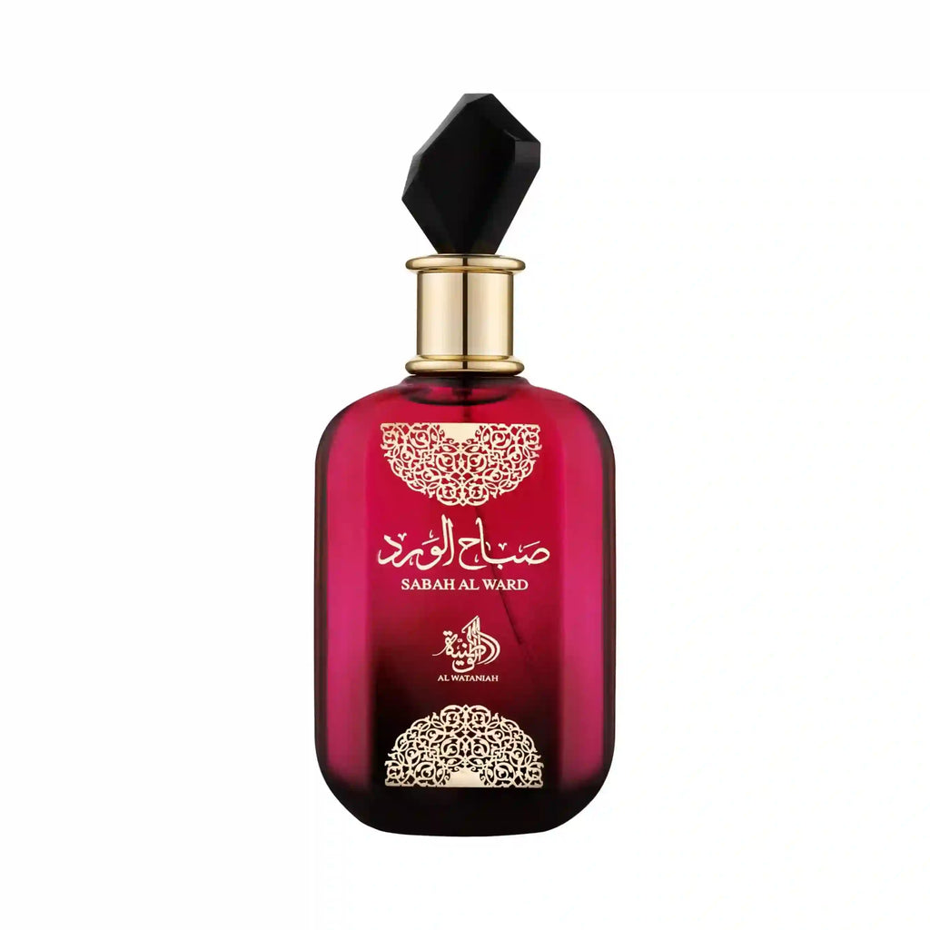 Al Wataniah Sabah Al Ward オードパルファム 100ml/3.4fl.oz. - 高級アラビア香水のボトル、エレガントなデザイン、白い背景 - ボトルのみ
