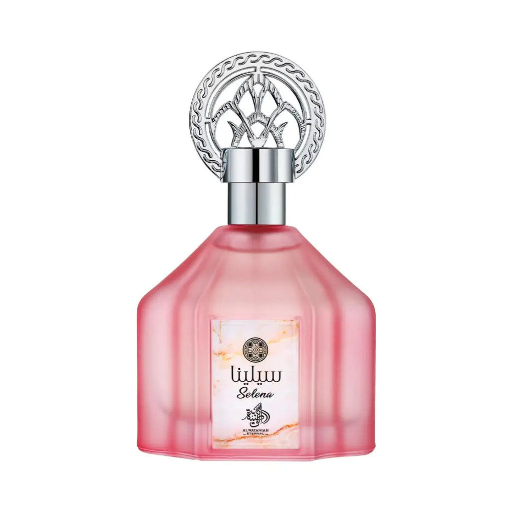 Al Wataniah Selena オードパルファム 100ml/3.4fl.oz. - 高級アラビア香水のボトル、エレガントなデザイン、白い背景 - ボトルのみ