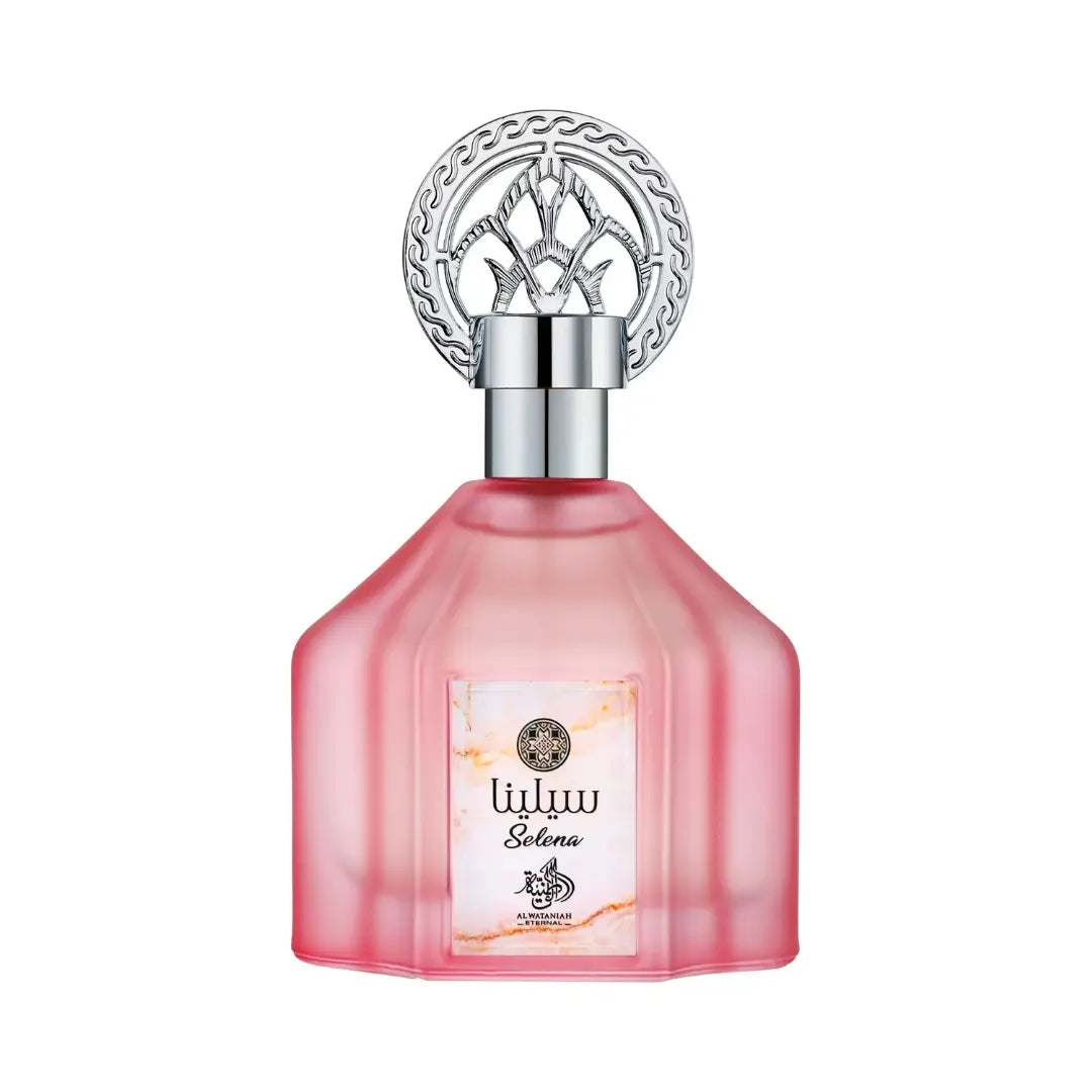 Al Wataniah Selena オードパルファム 100ml/3.4fl.oz. - 高級アラビア香水のボトル、エレガントなデザイン、白い背景 - ボトルのみ