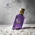 Grandeur Aura オードパルファム 100ml/3.4fl.oz. - 紫色のボトルのシネマティック撮影、豪華な照明、プロダクト撮影 - シネマティック撮影