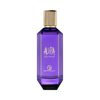 Grandeur Aura オードパルファム 100ml/3.4fl.oz. - 紫色のモダンなボトル、ゴールドのキャップ、ゴールドのロゴ、白い背景 - ボトルのみ