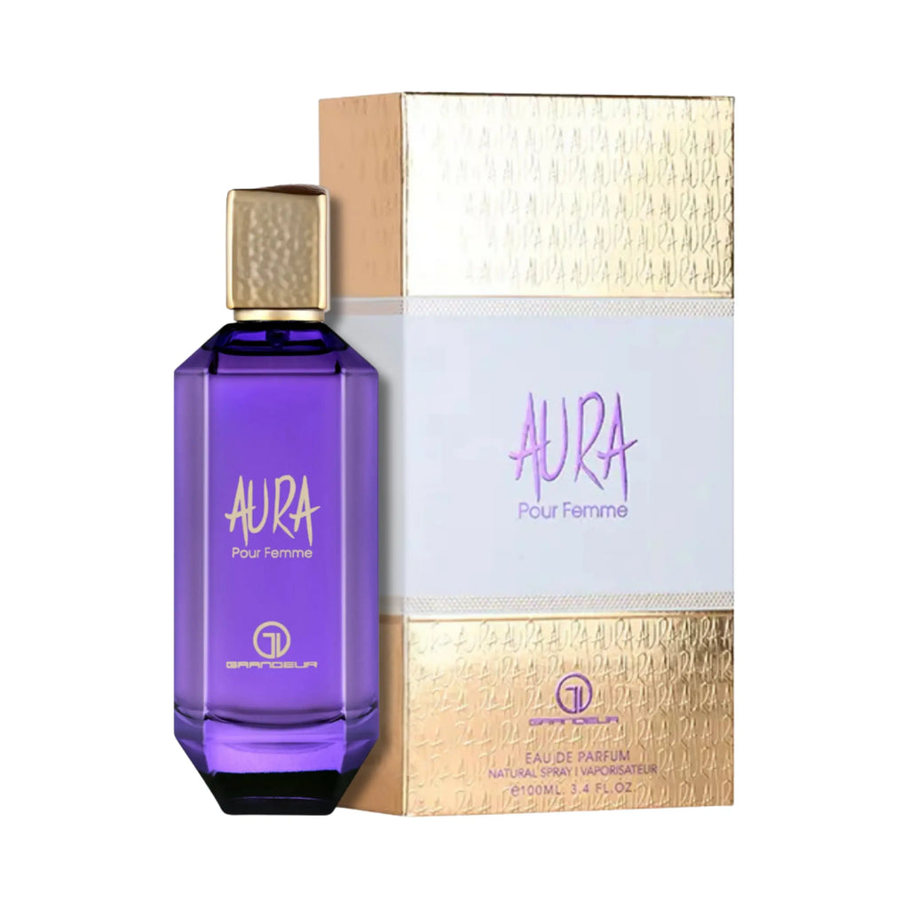 Grandeur Aura オードパルファム 100ml/3.4fl.oz. - 紫色のボトルとマッチングボックス、Grandeur ロゴ入り、豪華なパッケージング - ボトルとボックス