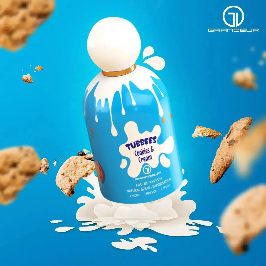Grandeur Cookie & Cream オードパルファム 50ml/1.7fl.oz. - シネマティック撮影、豪華な照明と背景、プロダクト撮影 - シネマティック撮影