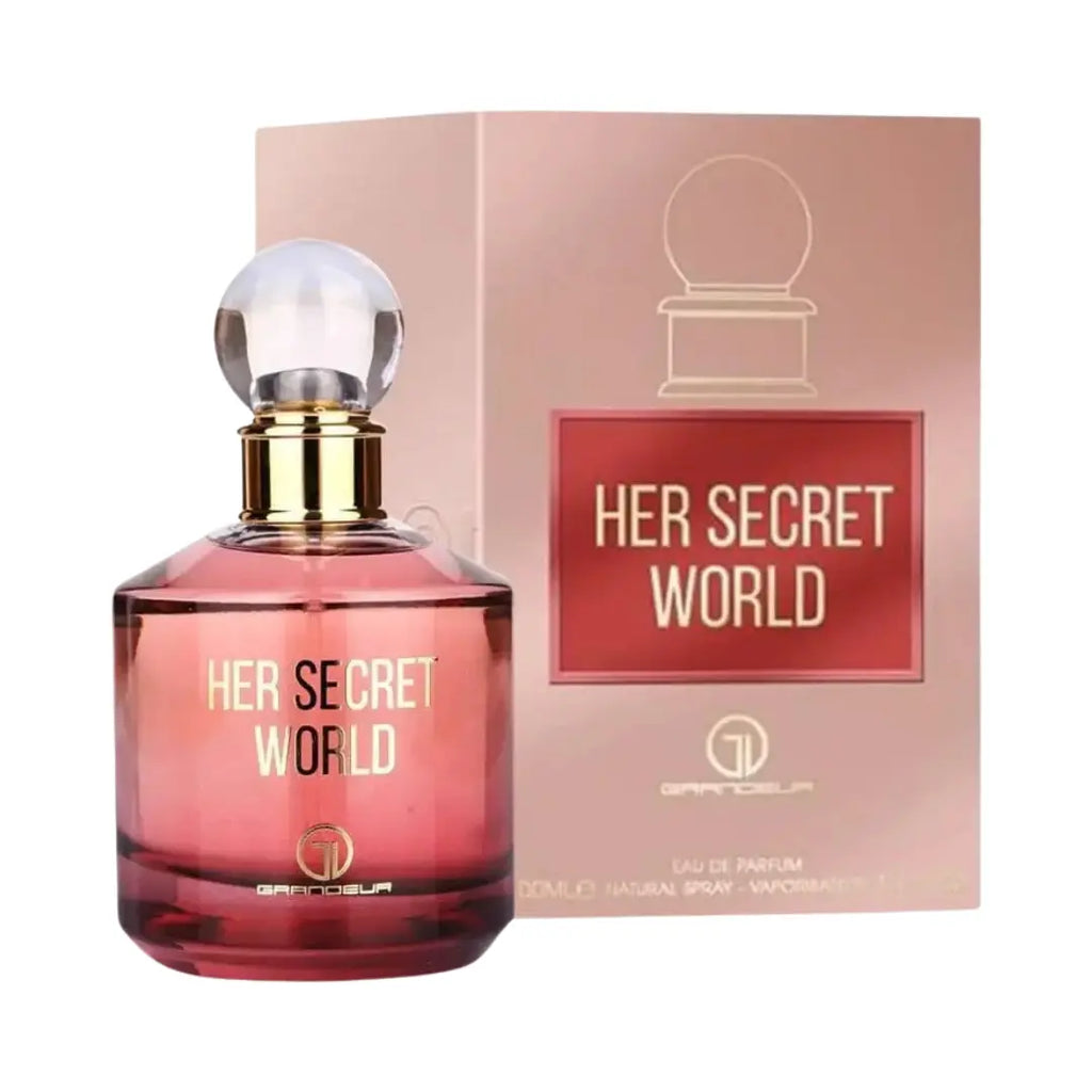 Grandeur Her Secret World オードパルファム 100ml/3.4fl.oz. - ピンク色のボトルとマッチングボックス、Grandeur ロゴ入り、豪華なパッケージング - ボトルとボックス