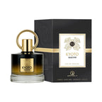 Elegant Kyoto Selective perfume bottle with gold accents and circular cap beside a matching black and gold box, exuding luxury and sophistication.