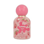 Perfume bottle with a pink spherical cap and a colorful label featuring lychees. The label reads "Tubbees Lychee Lush, Eau de Parfum," conveying a fruity and vibrant tone.