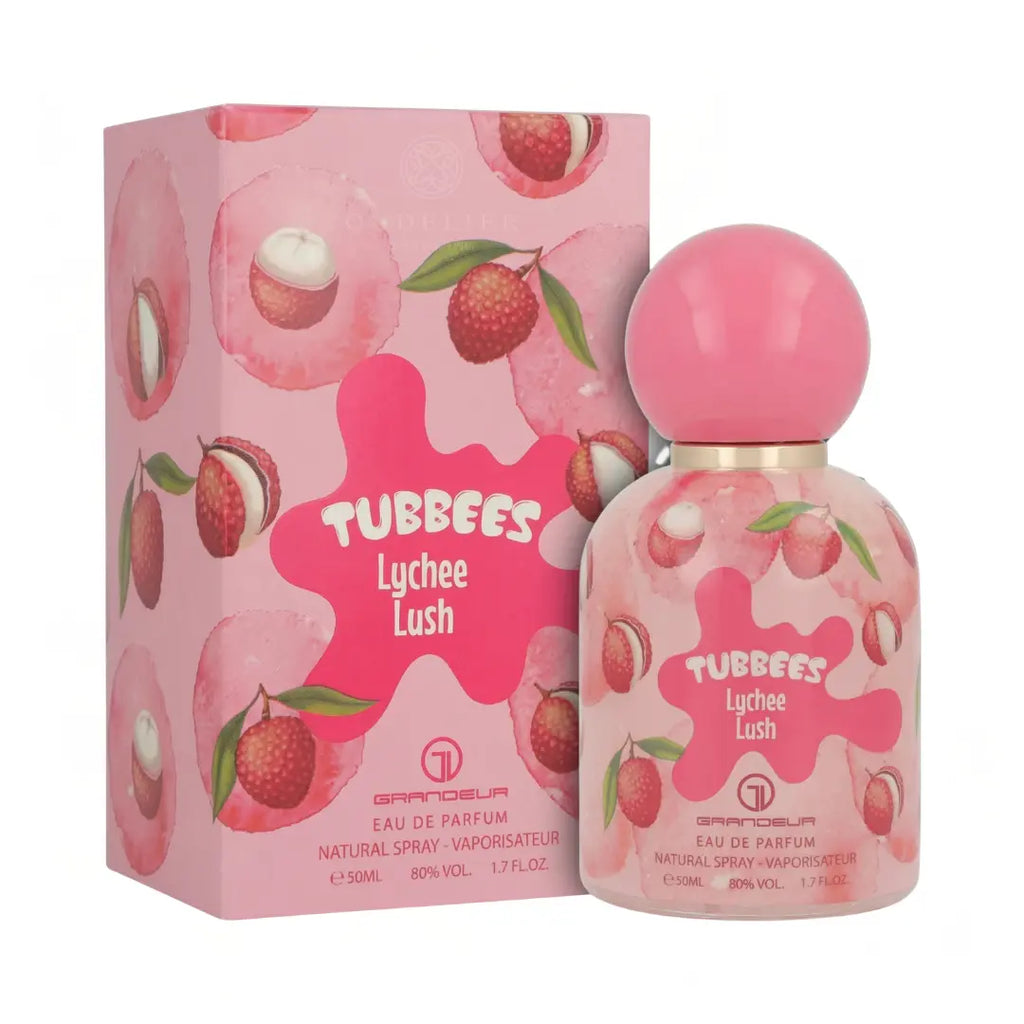 Pink perfume box and bottle with lychee fruit design. Bold "Tubbees Lychee Lush" text, vibrant and fruity theme conveys freshness and sweetness.