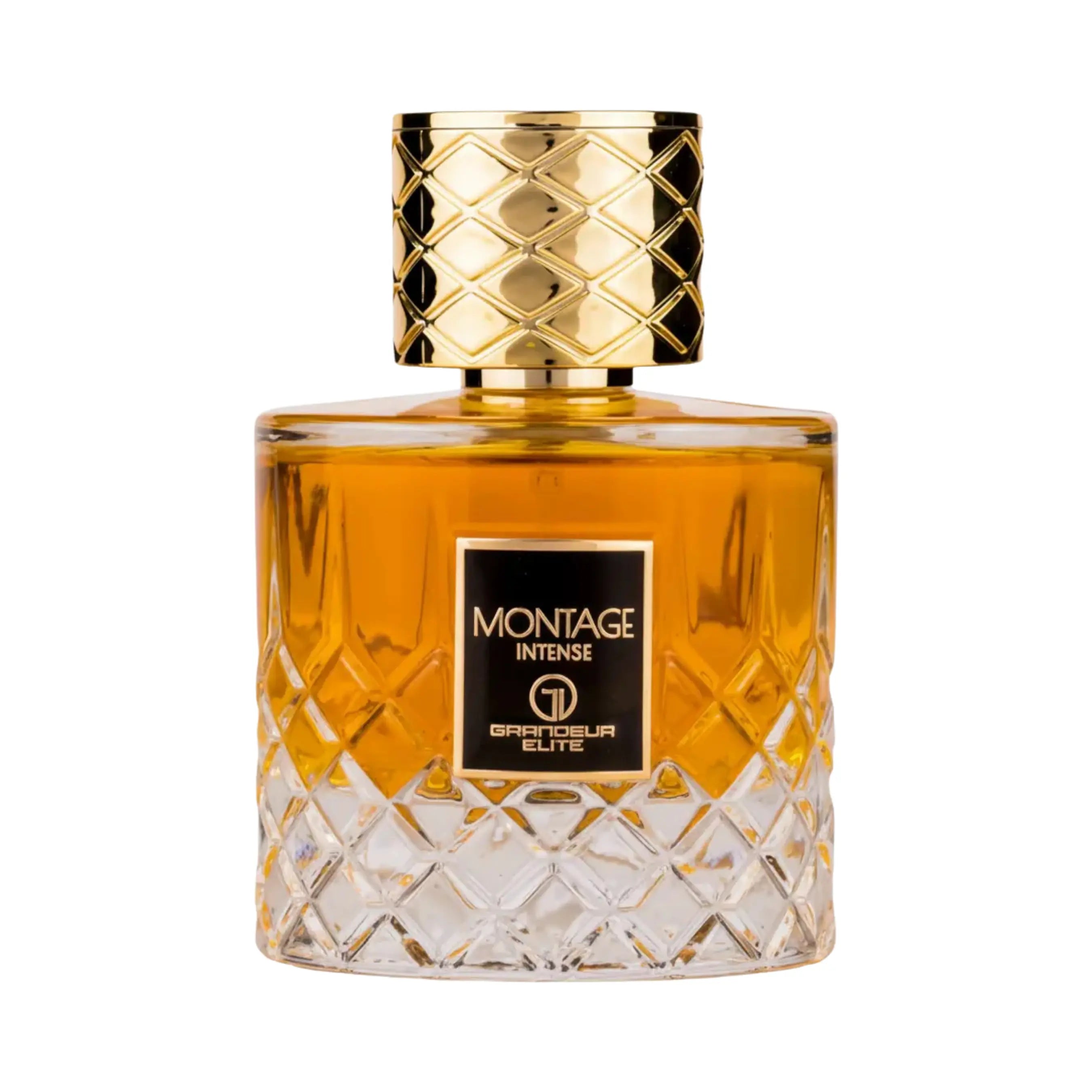 Grandeur Montage Intense オードパルファム 100ml/3.4fl.oz. - 高級アラビア香水のボトル、エレガントなデザイン、白い背景 - ボトルのみ
