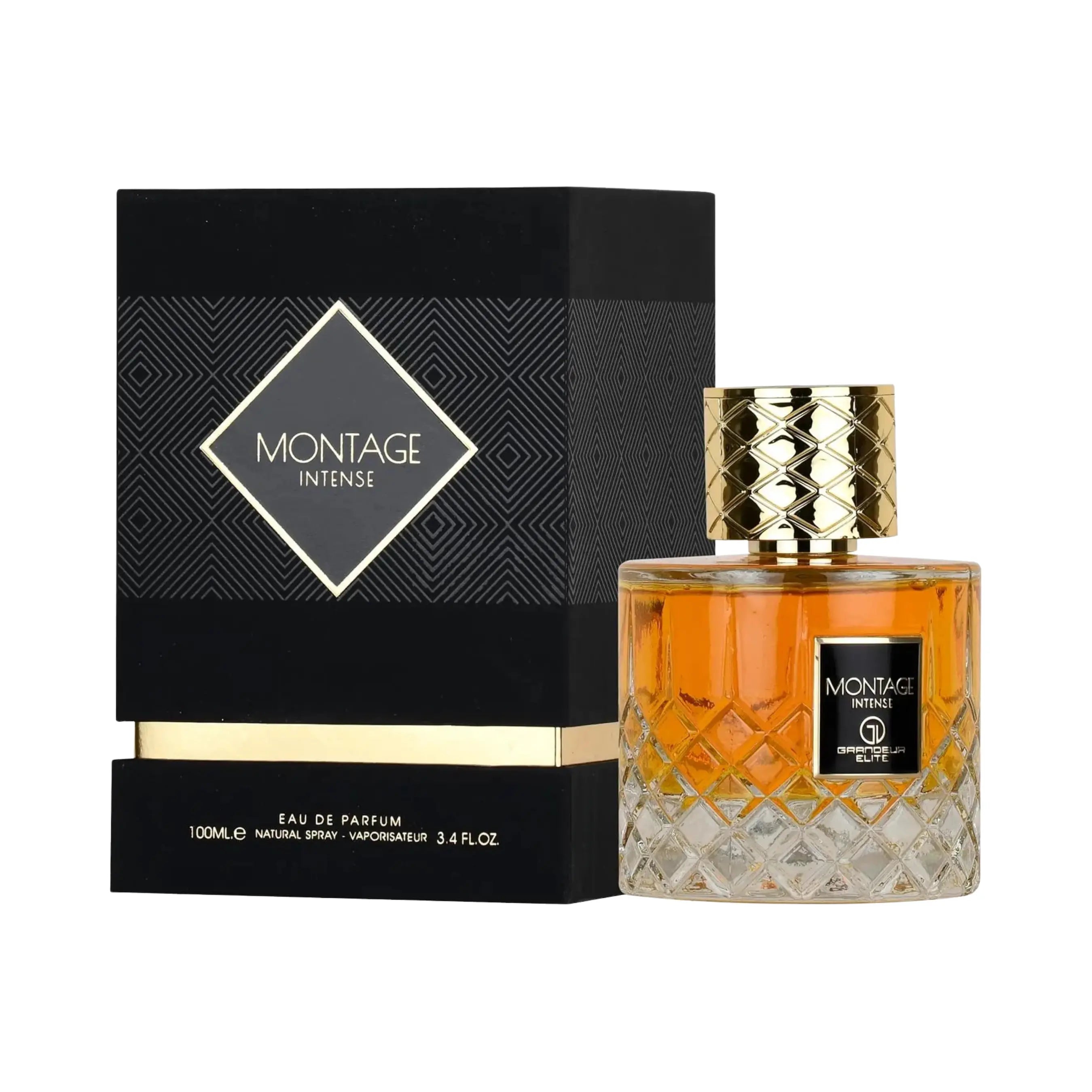 Grandeur Montage Intense オードパルファム 100ml/3.4fl.oz. - 香水ボトルと豪華なパッケージボックス、ロゴ入り - ボトルとボックス