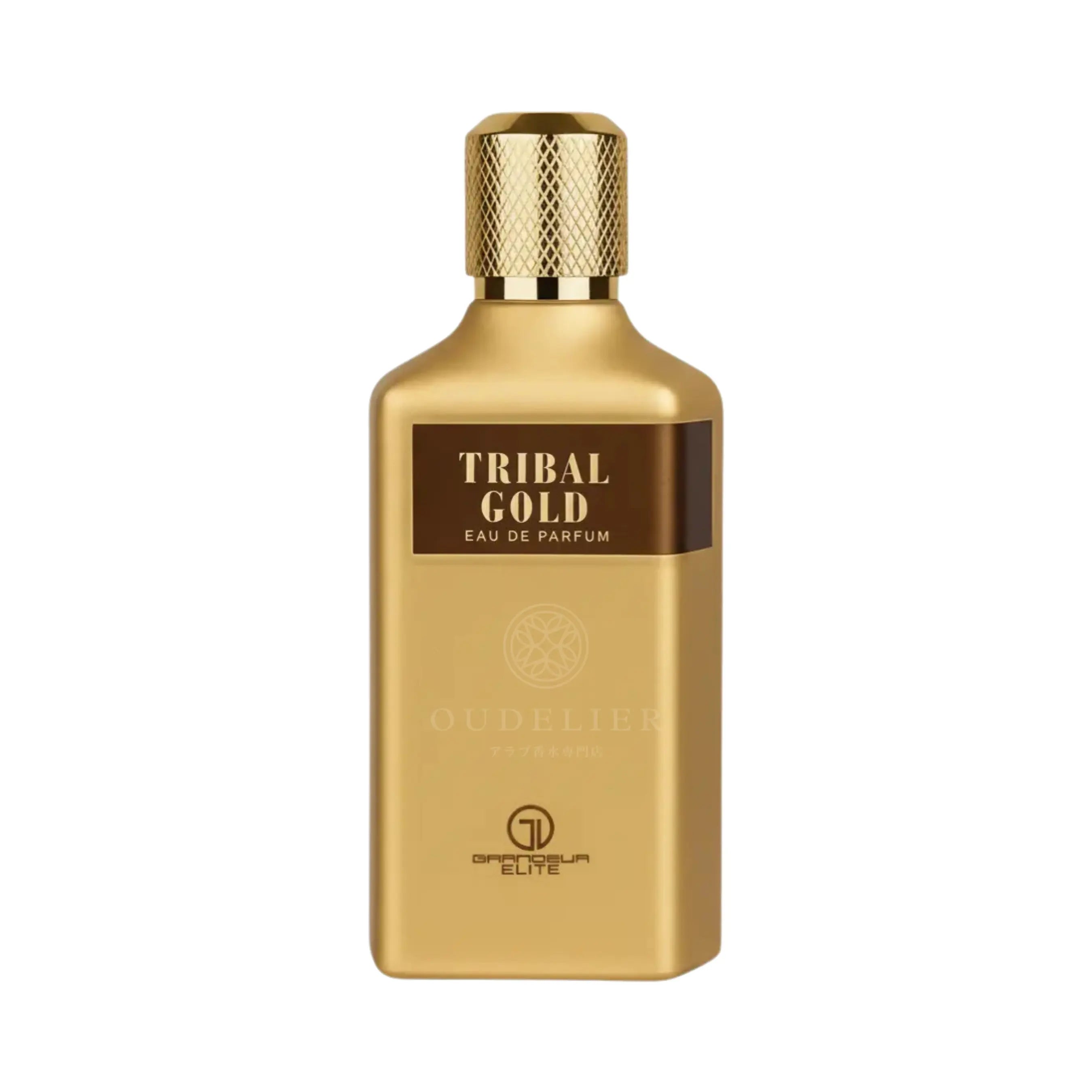 Grandeur Tribal Gold オードパルファム 100ml/3.4fl.oz. - 高級アラビア香水のボトル、エレガントなデザイン、白い背景 - ボトルのみ